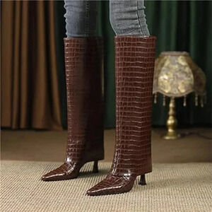 Brown Stiletto Heel Knee High Boots Square Toe Slip On Fold Over Boots